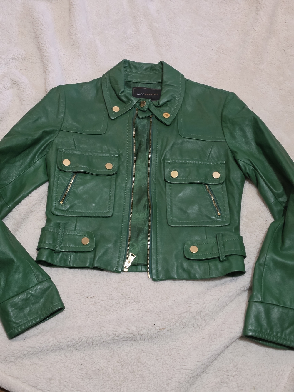 BCBGMaxAzria Green Leather Cropped Utility Jacket
